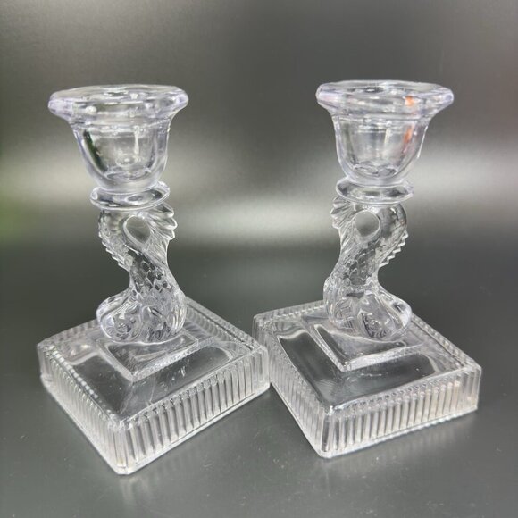 Imperial Glass Clear Dolphin Koi Fish Candlestick Candle Holder Set 2 Votive VTG - Picture 10 of 11